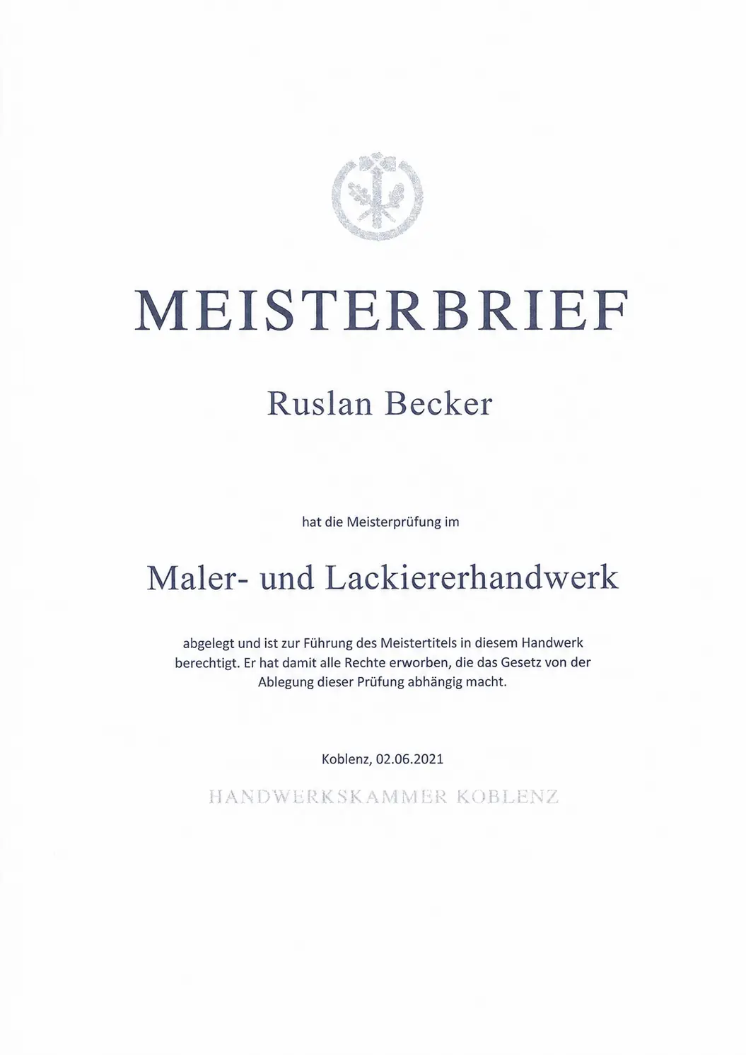 Meisterbrief von Ruslan Becker
